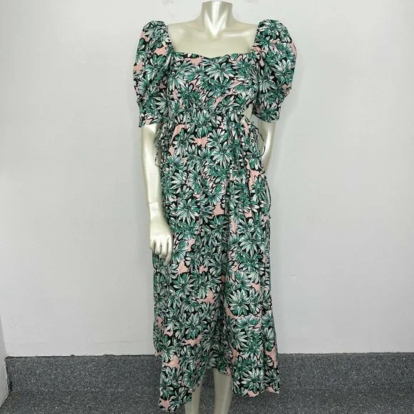 Zara Dress XS Green Pink Floral Print Midi Dress Cutouts Puff Sleeve